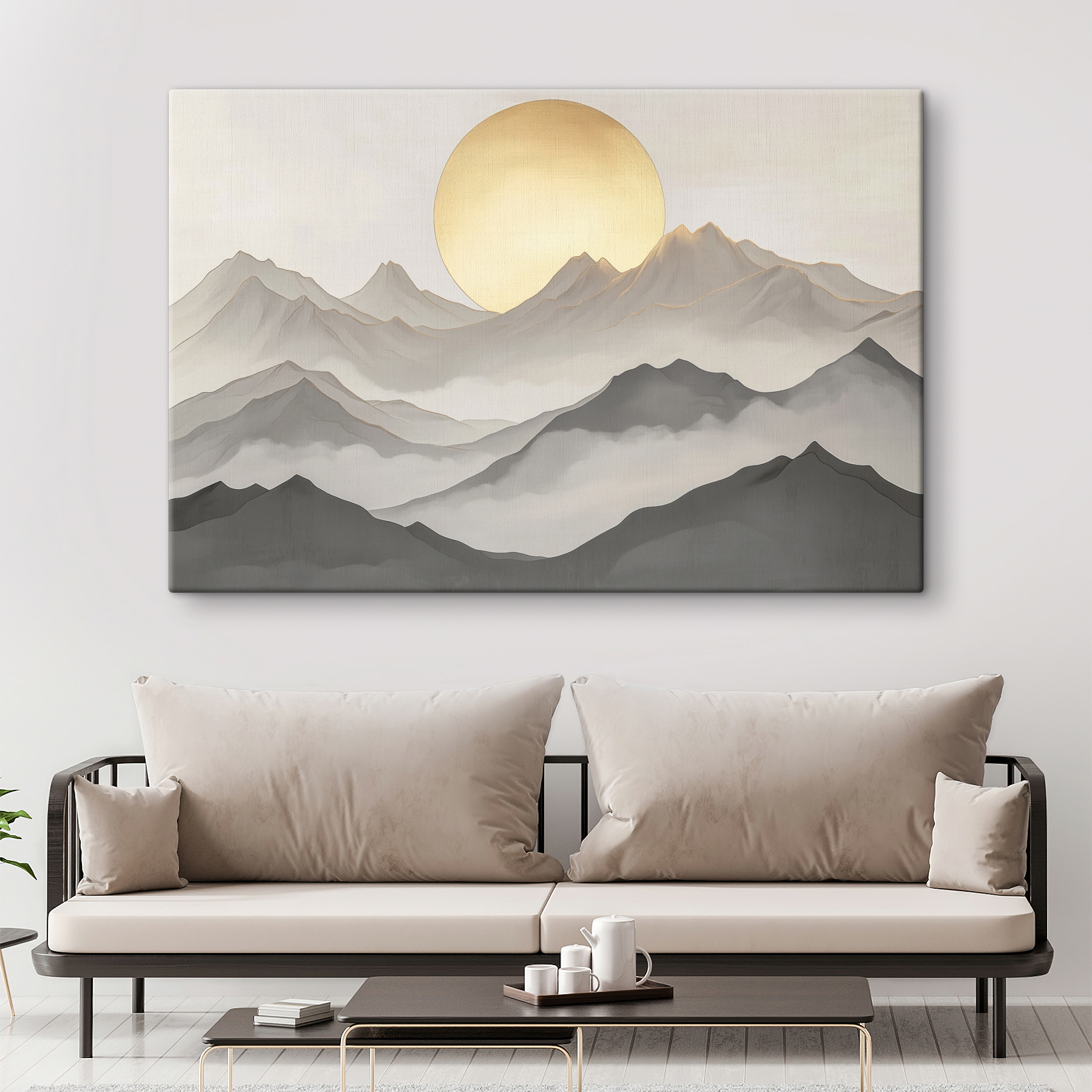 Painting of mountains and the sun