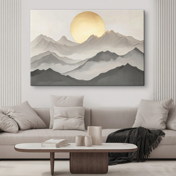 Painting of mountains and the sun