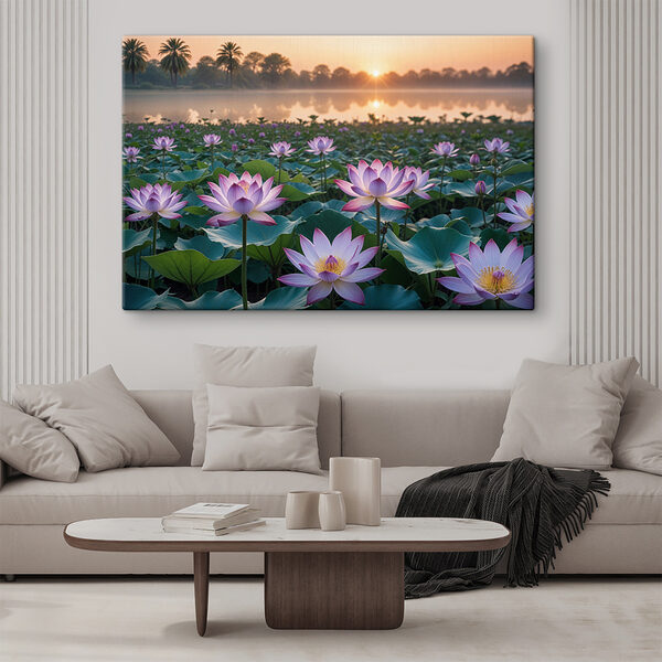 Cuadros Cuadros Campo de flores moradas con un lago al fondo (SKU: s40020)