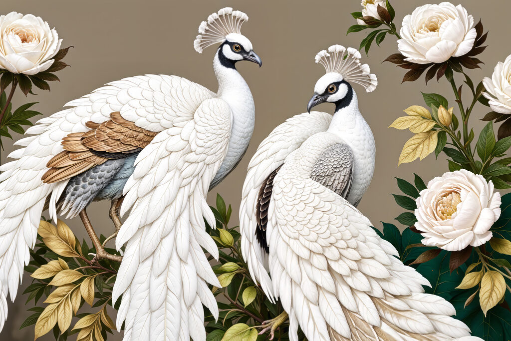 Couple of white peacocks on a branch with flowers Couple of white peacocks on a branch with flowers