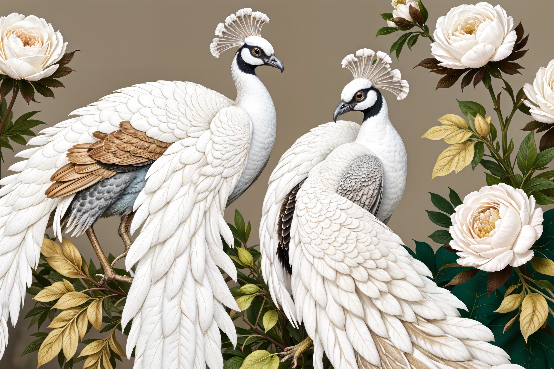Couple of white peacocks on a branch with flowers Couple of white peacocks on a branch with flowers