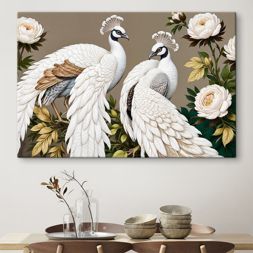 Couple of white peacocks on a branch with flowers Couple of white peacocks on a branch with flowers