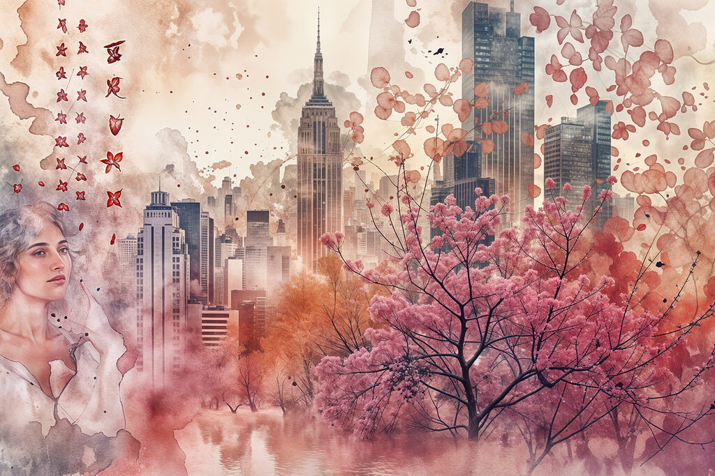 Pink tree with pink leaves in front of a city Pink tree with pink leaves in front of a city