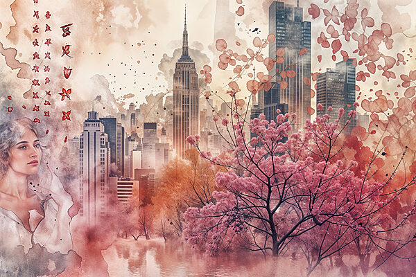 Pink tree with pink leaves in front of a city Pink tree with pink leaves in front of a city