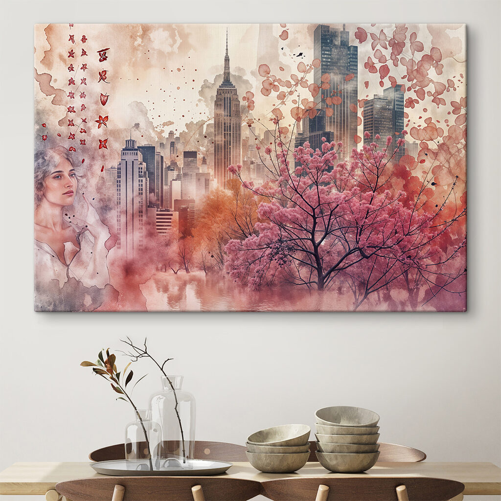 Pink tree with pink leaves in front of a city Pink tree with pink leaves in front of a city