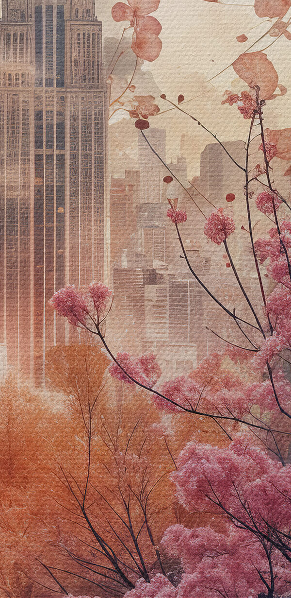 Pink tree with pink leaves in front of a city Pink tree with pink leaves in front of a city