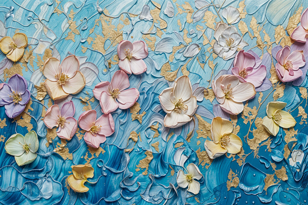 Painting of flowers on a blue surface Painting of flowers on a blue surface