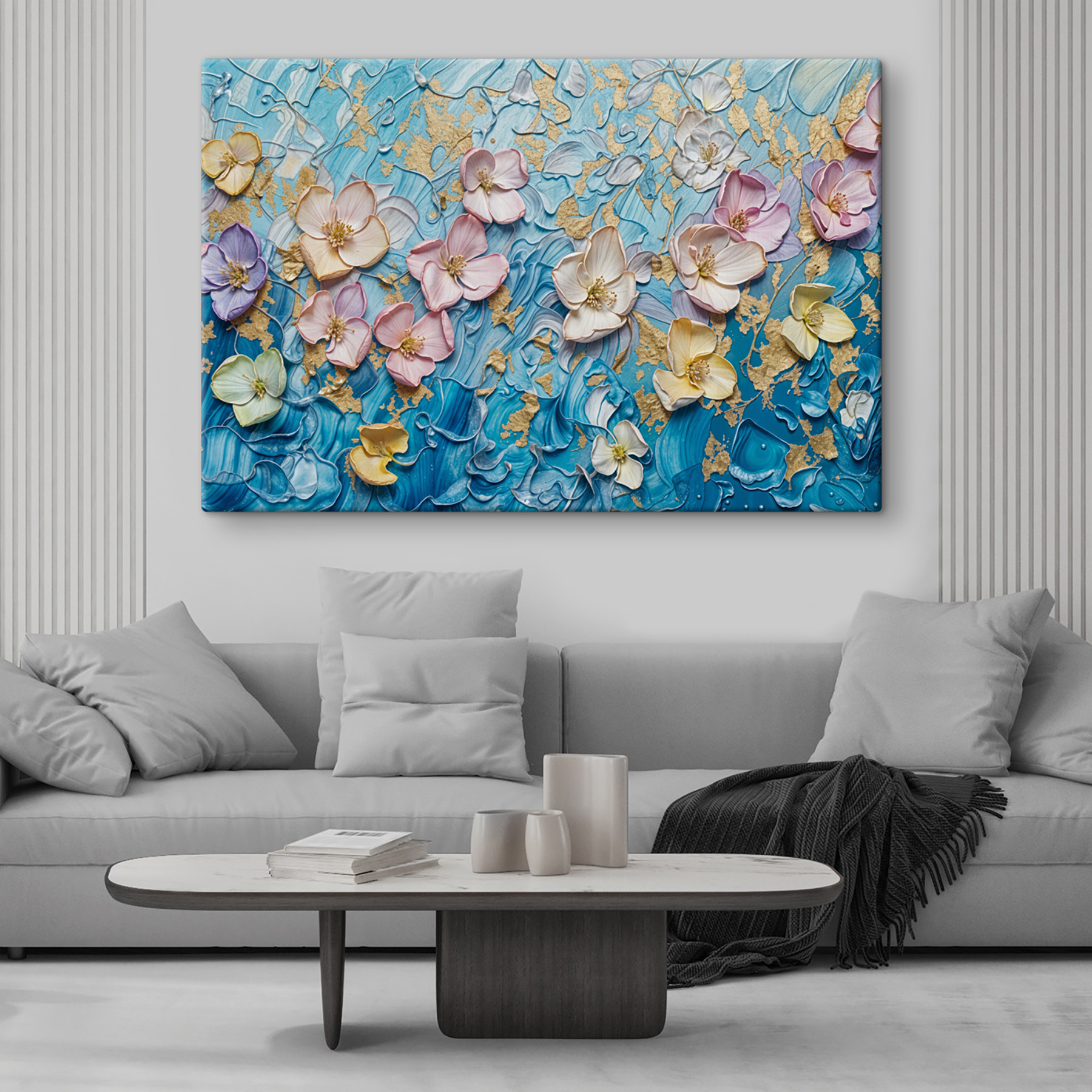 Painting of flowers on a blue surface Painting of flowers on a blue surface