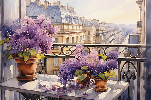 Painting of a balcony with purple flowers