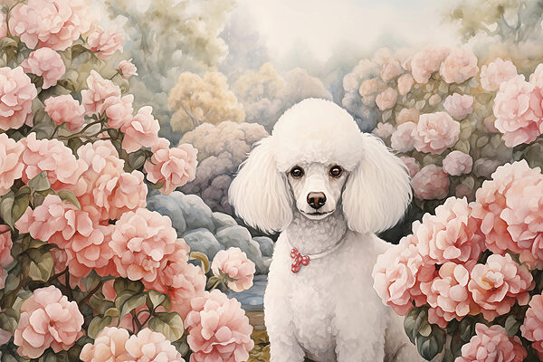 Perro blanco en un jardín de flores rosas Perro blanco en un jardín de flores rosas