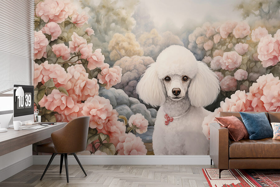 Perro blanco en un jardín de flores rosas