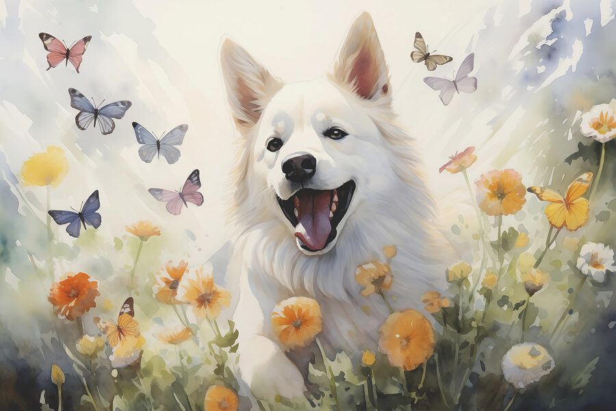 Perro blanco con mariposas alrededor