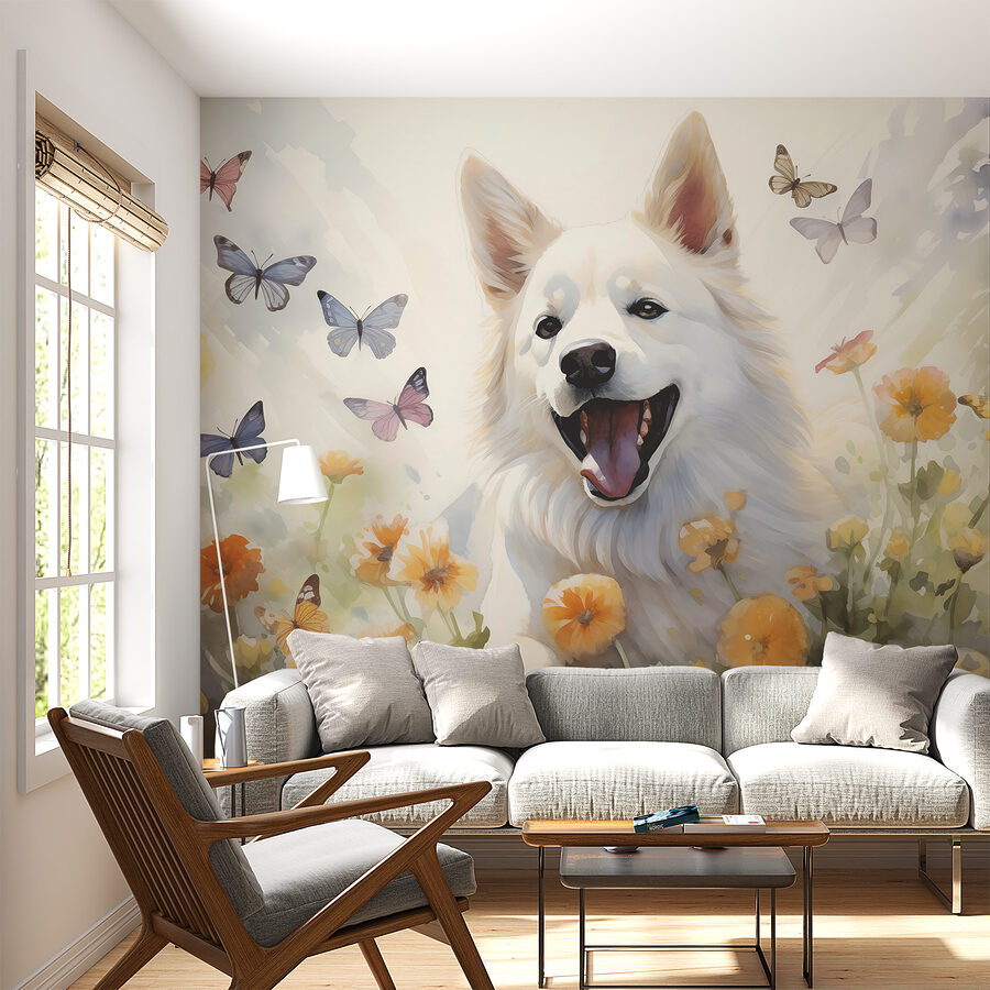 Perro blanco con mariposas alrededor