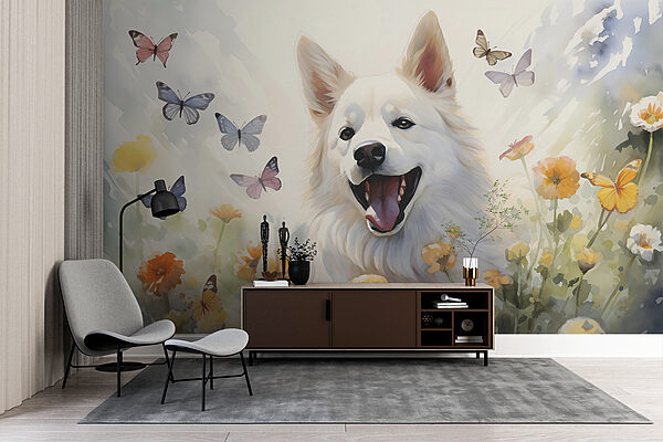 Perro blanco con mariposas alrededor Perro blanco con mariposas alrededor