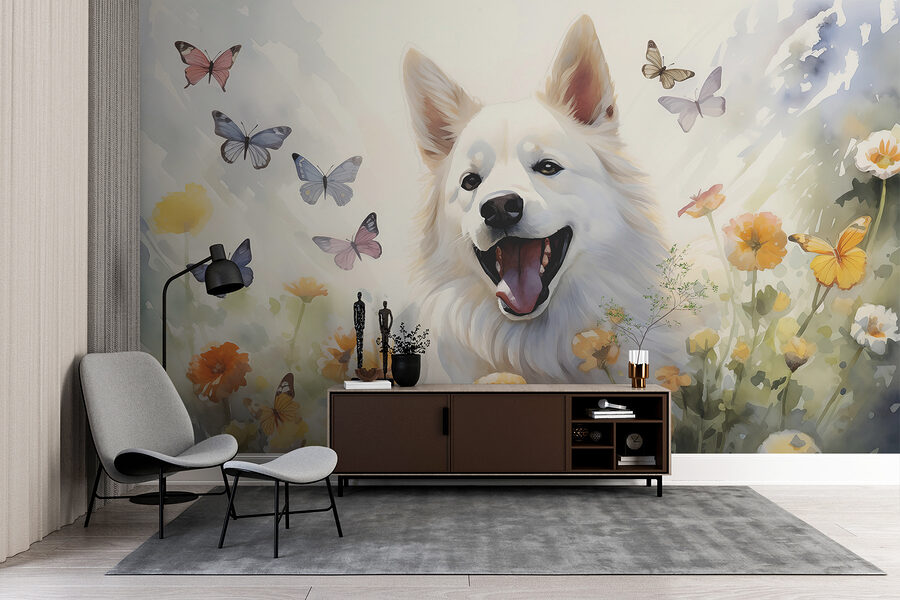 Perro blanco con mariposas alrededor