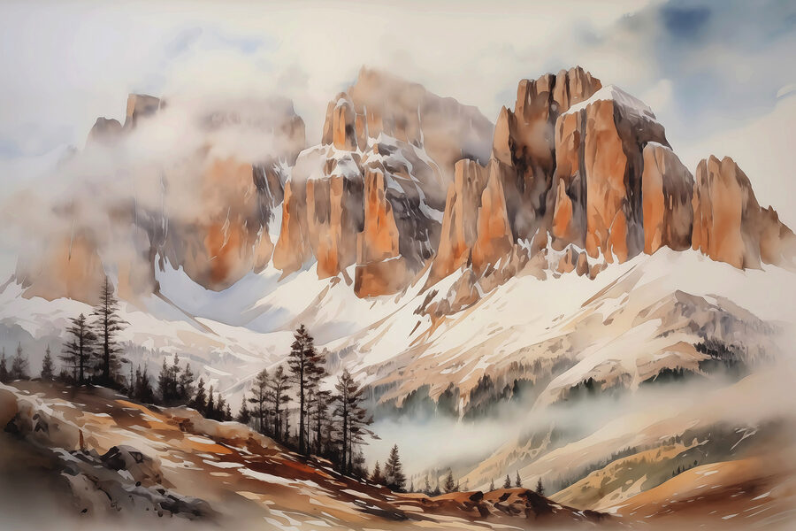Cordillera con árboles y nubes