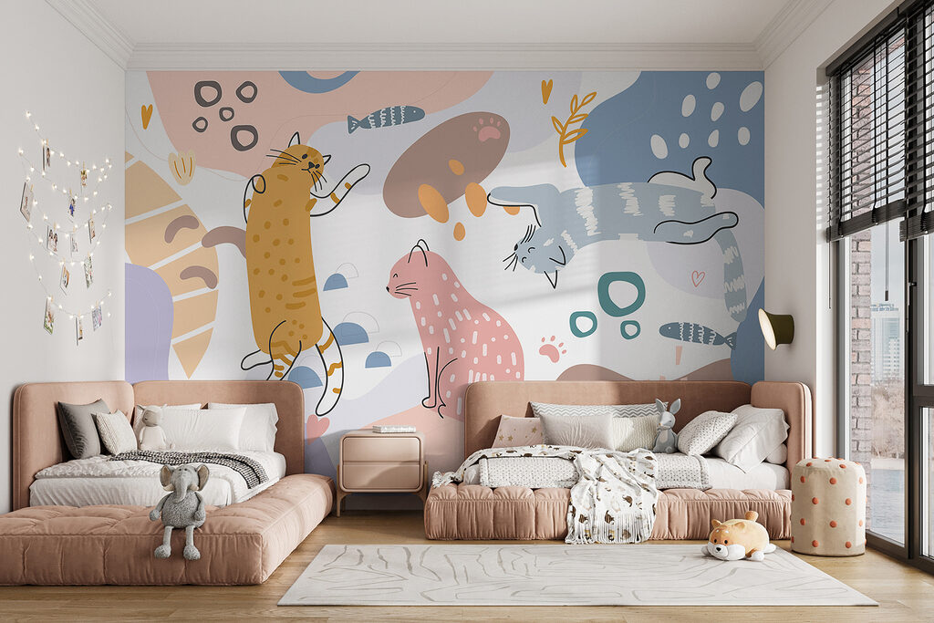 Group of cats on a colorful background