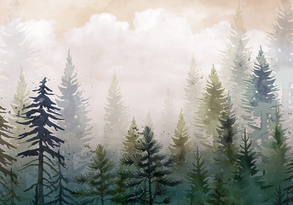 Pintura de árboles en la niebla Pintura de árboles en la niebla