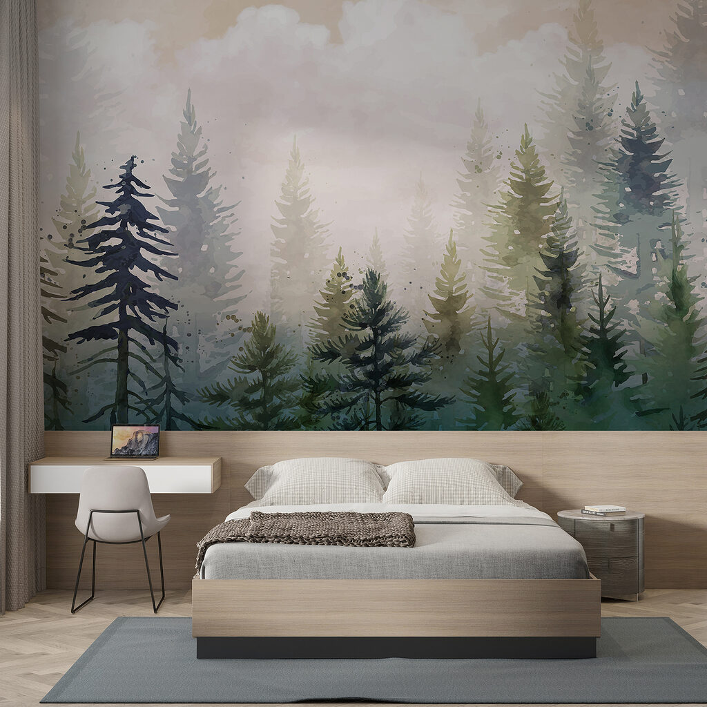 Painting of trees in the fog