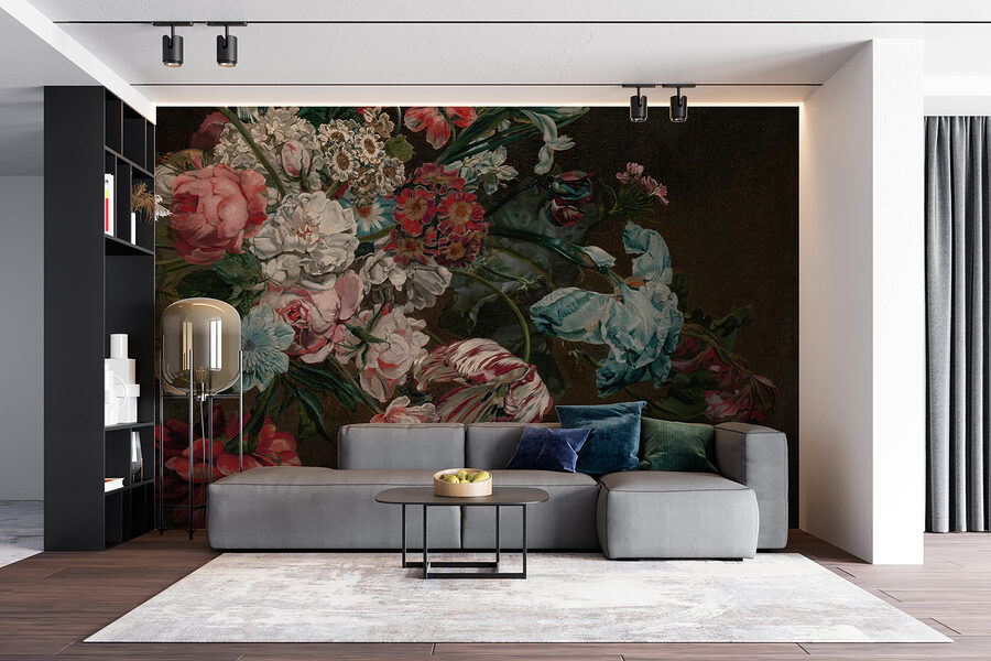 Pintura de flores sobre fondo oscuro