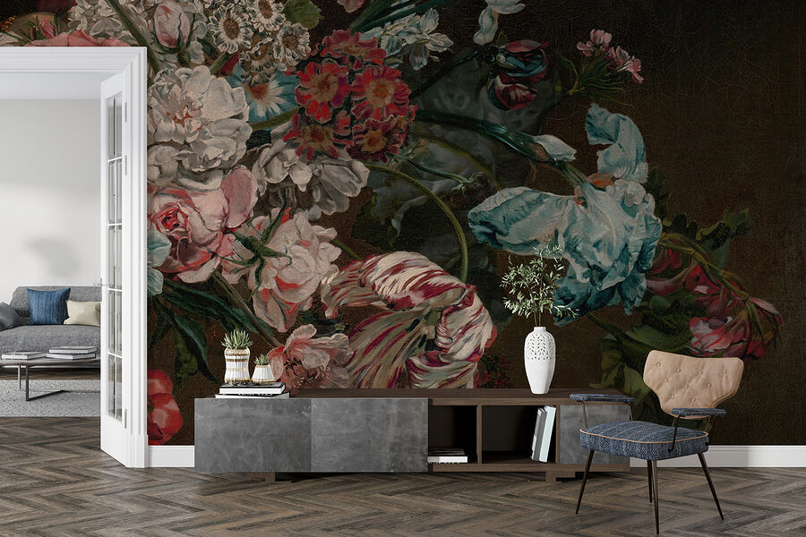 Pintura de flores sobre fondo oscuro