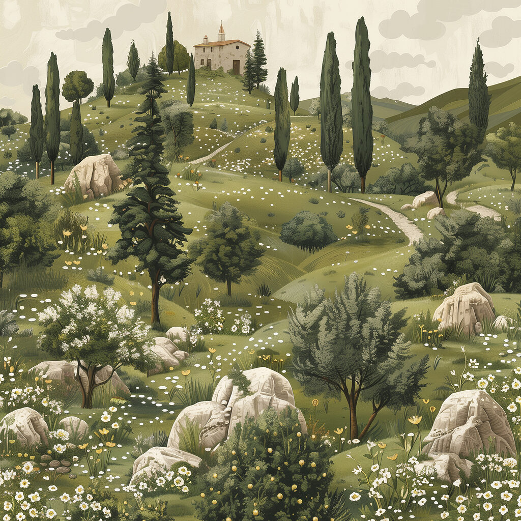 Landscape with trees and a house on top of it Landscape with trees and a house on top of it