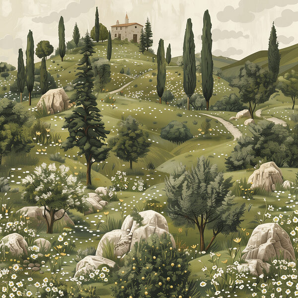 Landscape with trees and a house on top of it Landscape with trees and a house on top of it