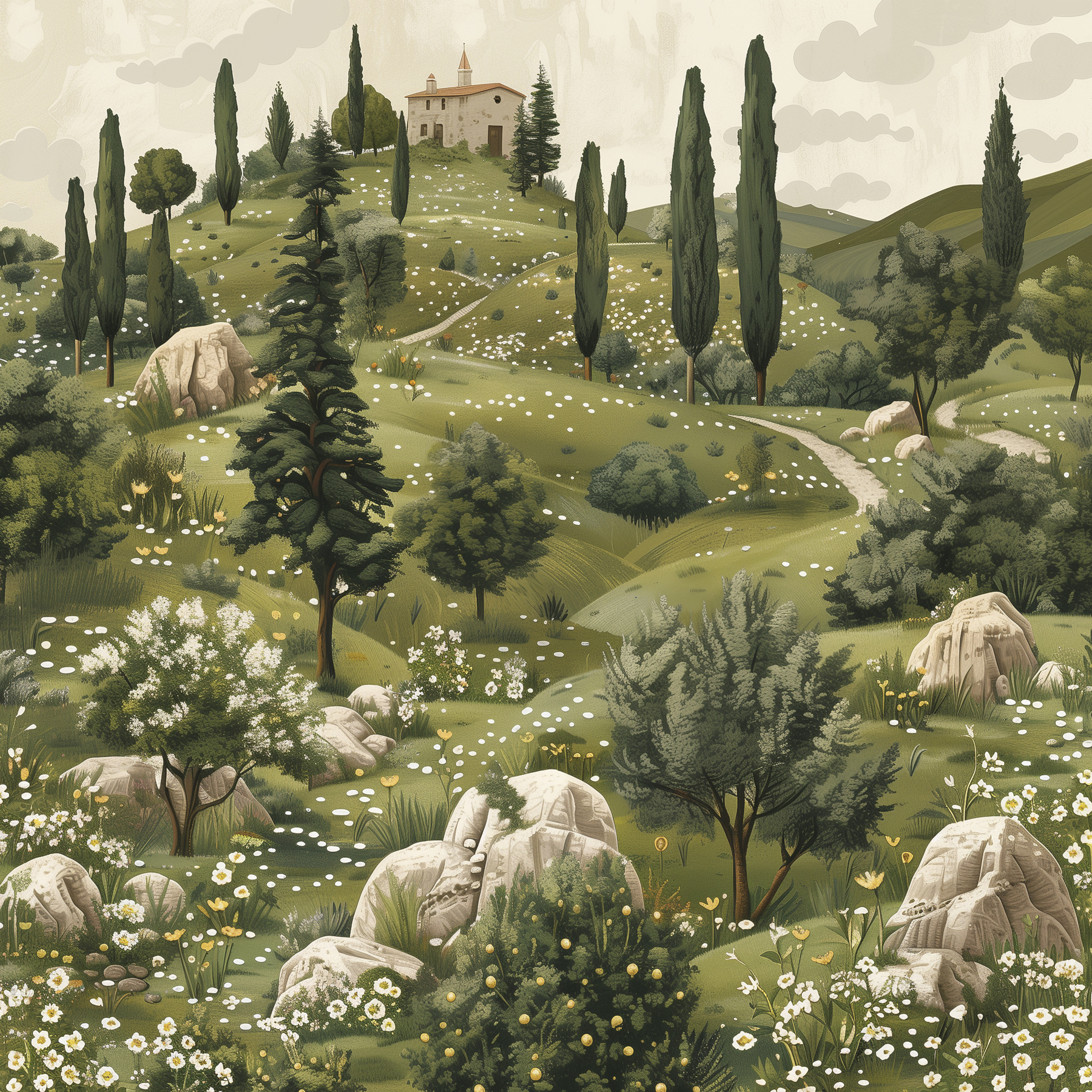 Landscape with trees and a house on top of it Landscape with trees and a house on top of it