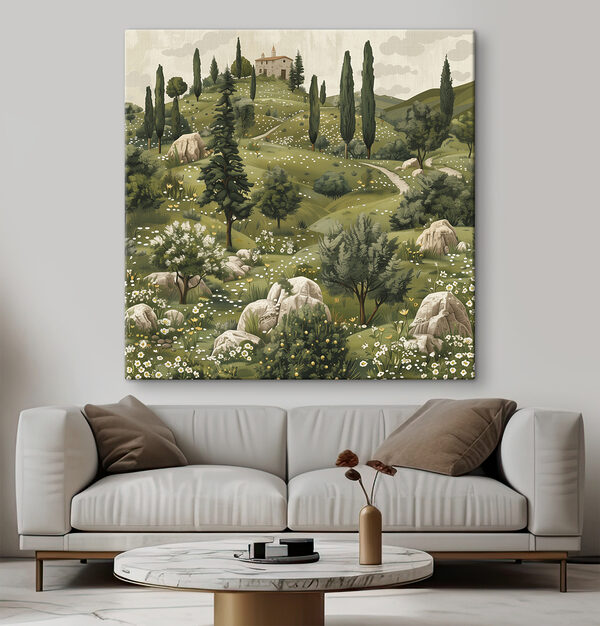 Cuadros Paisaje con árboles y una casa en lo alto