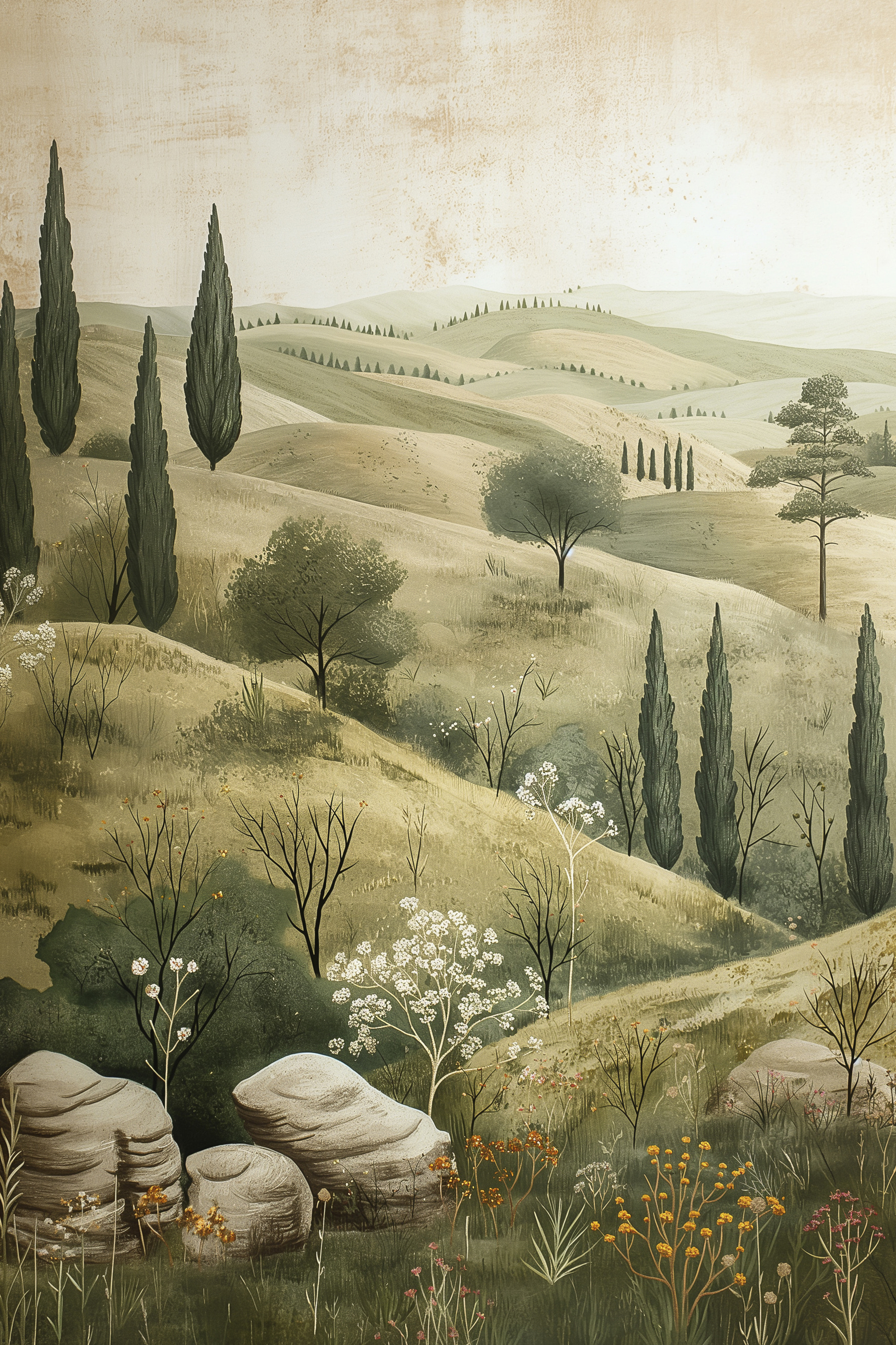Painting of a landscape with trees and hills
