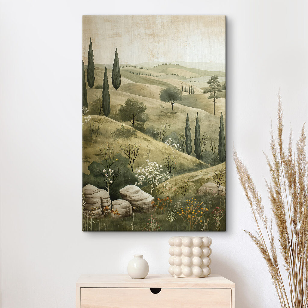 Painting of a landscape with trees and hills