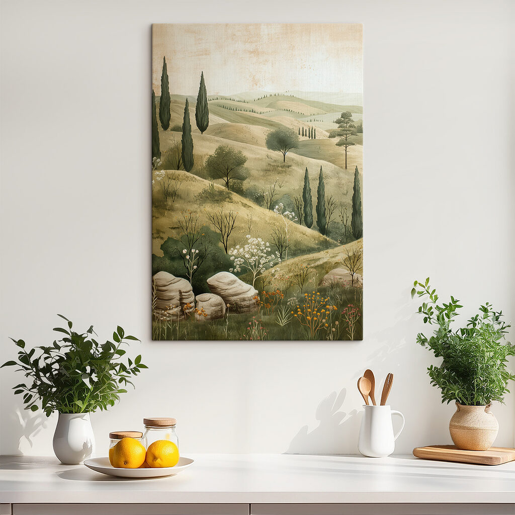 Painting of a landscape with trees and hills