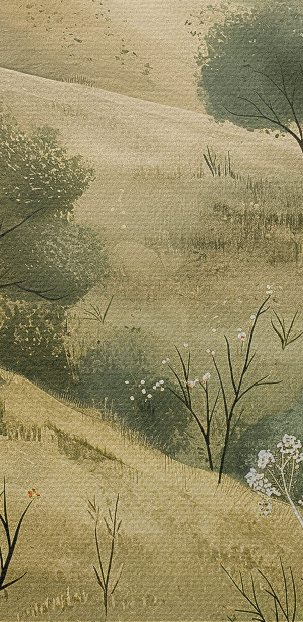 Painting of a landscape with trees and hills