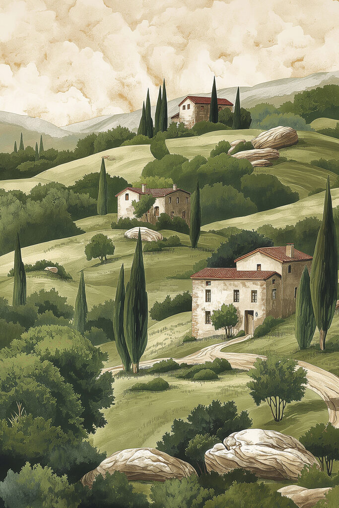 Painting of a landscape with houses and trees Painting of a landscape with houses and trees