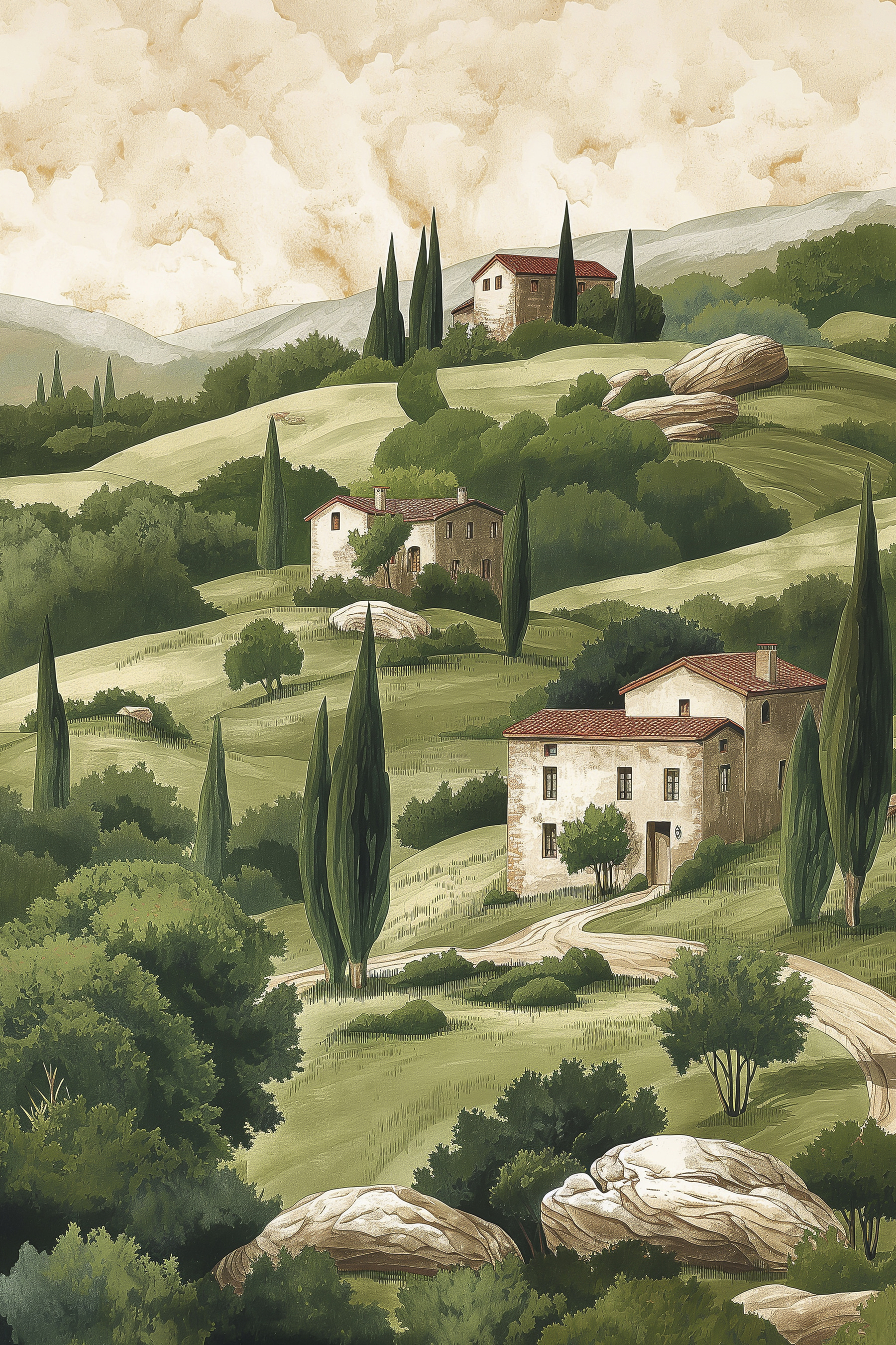 Painting of a landscape with houses and trees Painting of a landscape with houses and trees