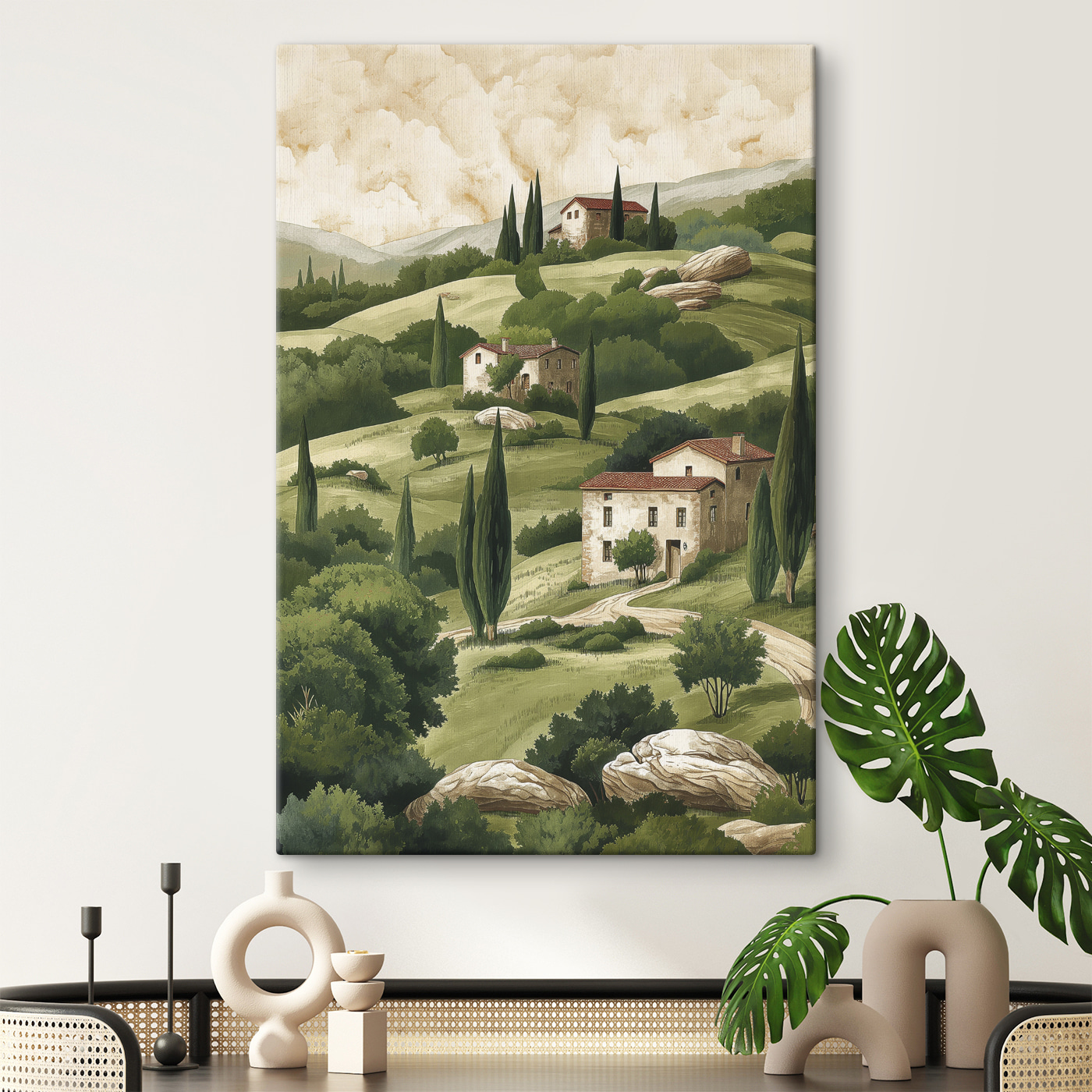 Painting of a landscape with houses and trees Painting of a landscape with houses and trees