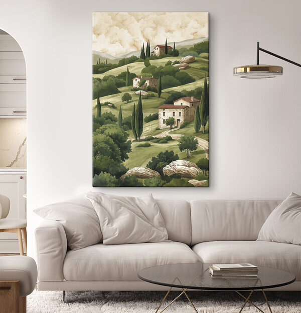 Painting of a landscape with houses and trees Painting of a landscape with houses and trees