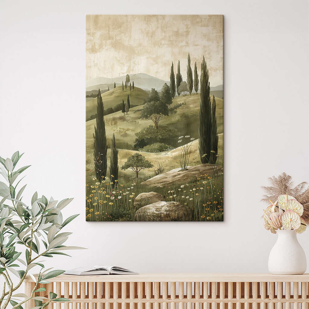 Painting of a landscape with trees and hills