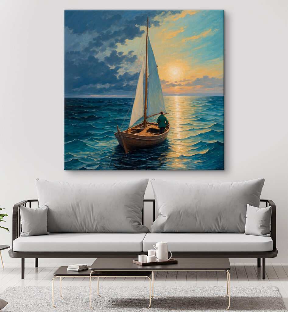 Painting of a man in a boat in the ocean
