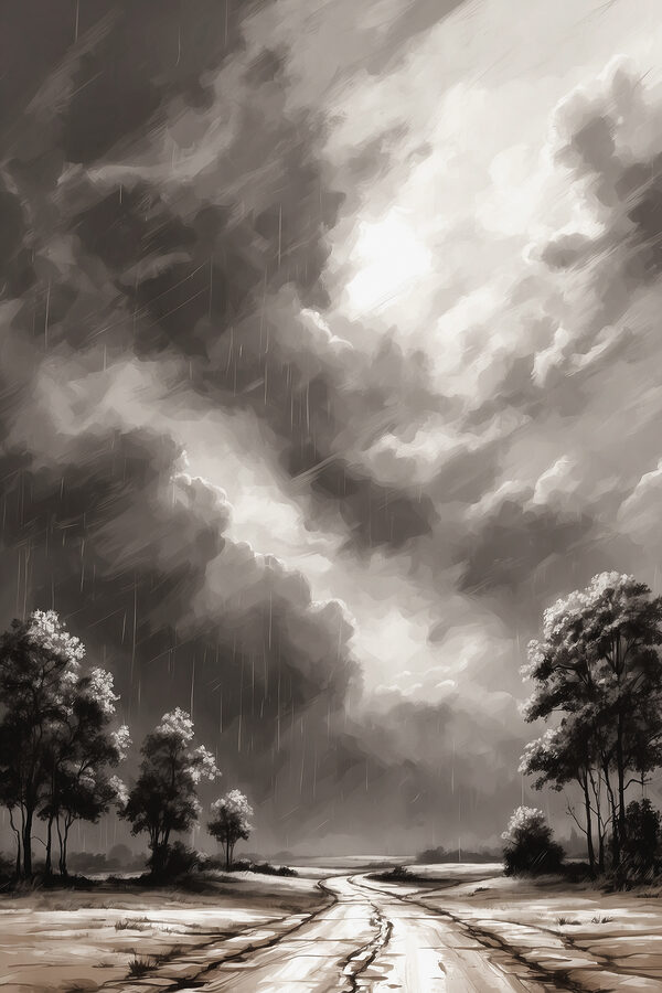 Black and white image of trees and rain Black and white image of trees and rain