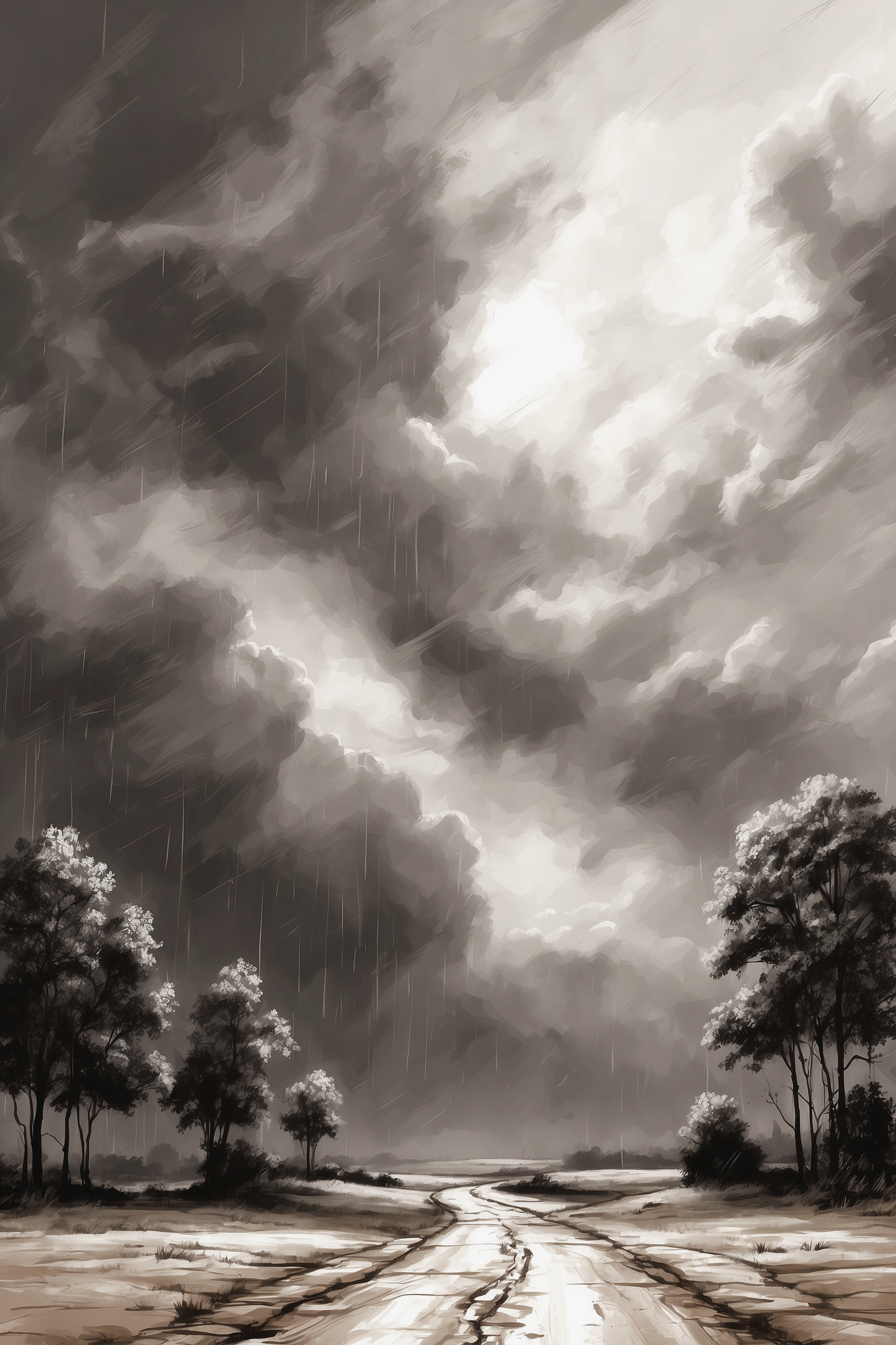 Black and white image of trees and rain Black and white image of trees and rain