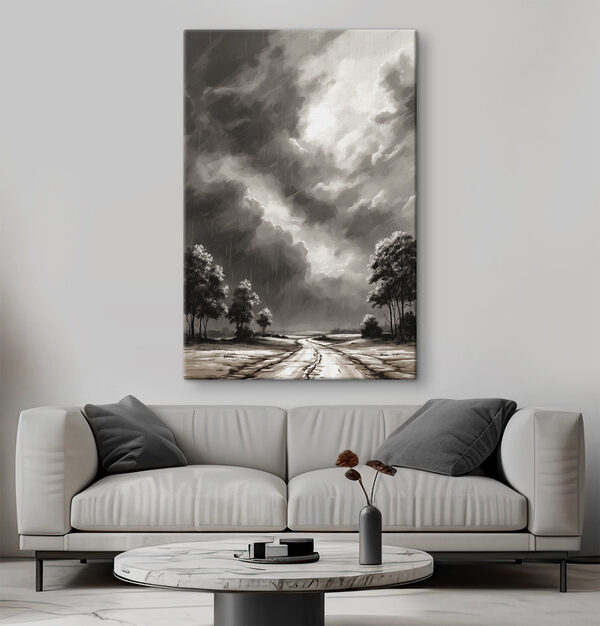 Black and white image of trees and rain Black and white image of trees and rain