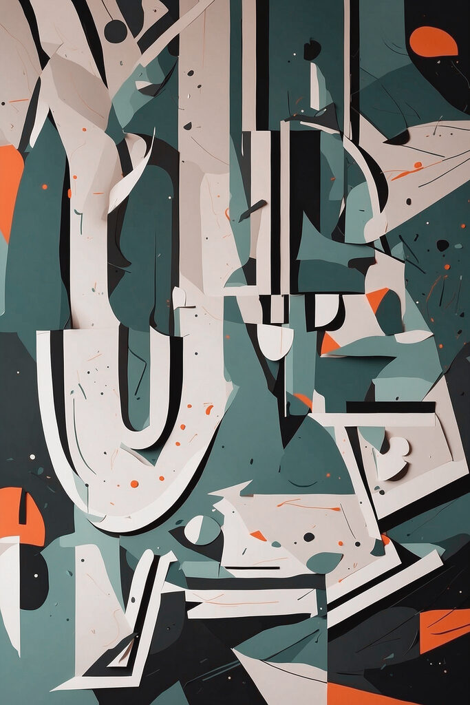 Colorful art piece with white and orange shapes Colorful art piece with white and orange shapes