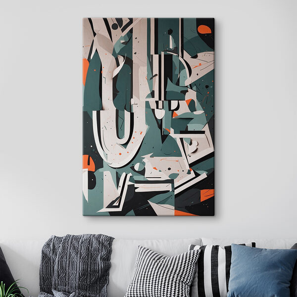 Colorful art piece with white and orange shapes Colorful art piece with white and orange shapes