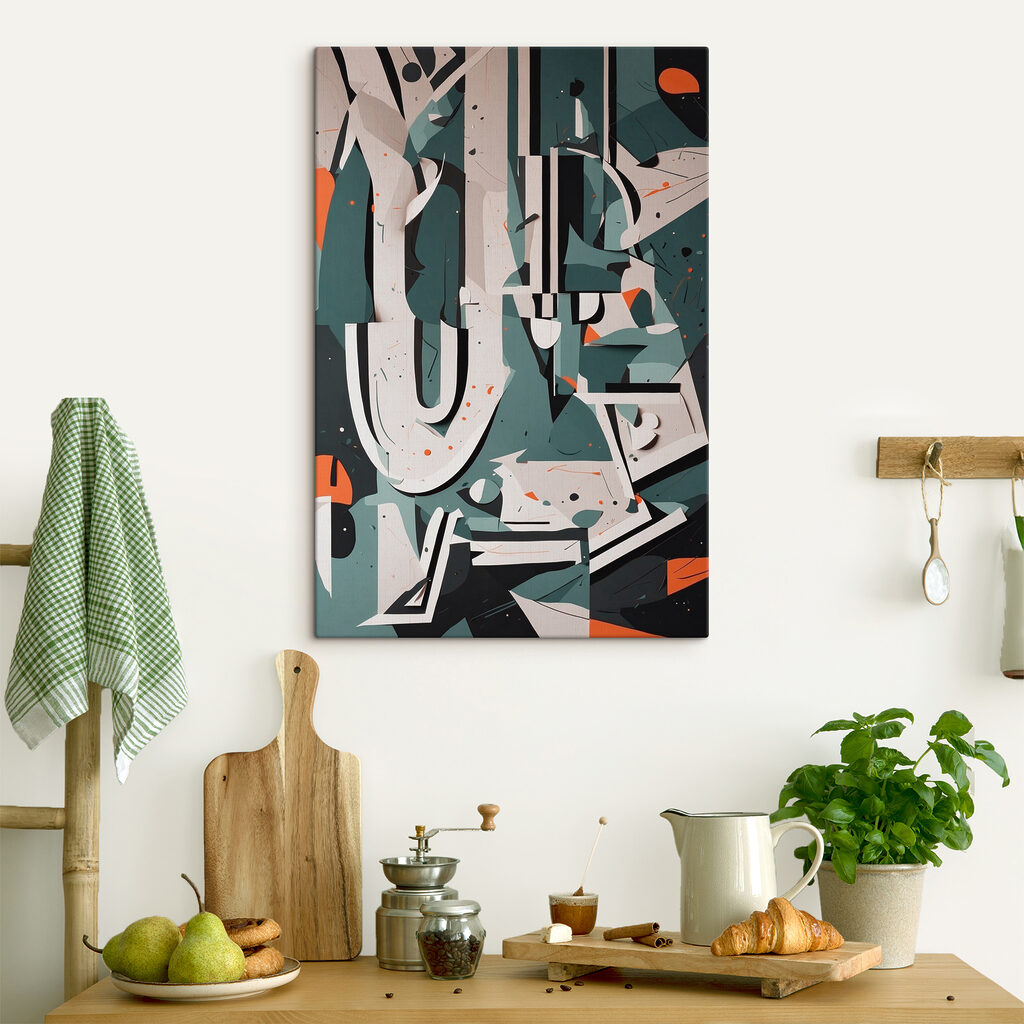 Colorful art piece with white and orange shapes Colorful art piece with white and orange shapes