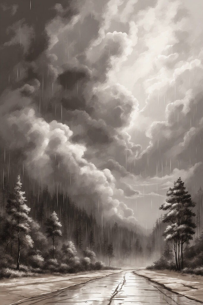 Black and white image of a forest and clouds Black and white image of a forest and clouds