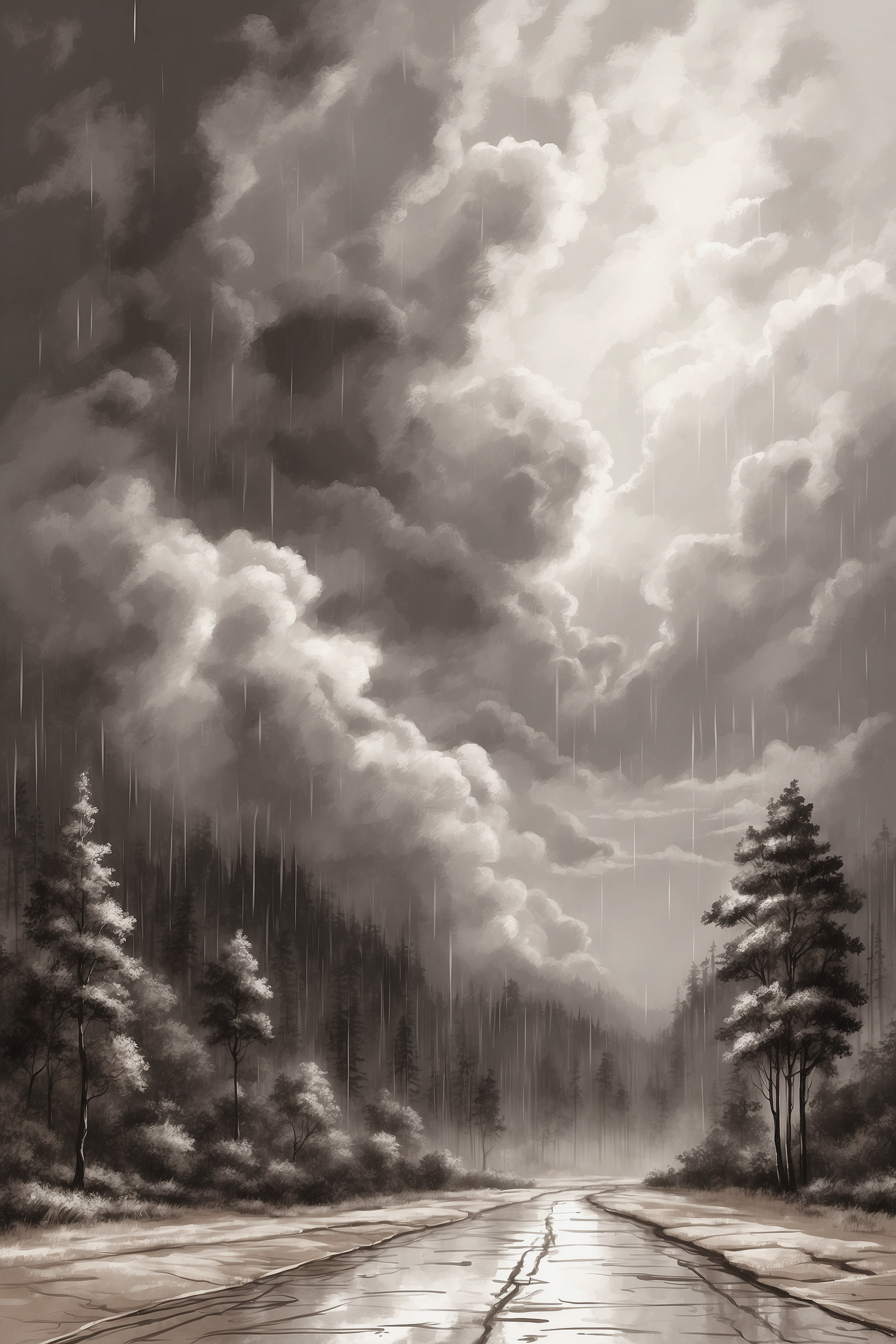 Black and white image of a forest and clouds Black and white image of a forest and clouds