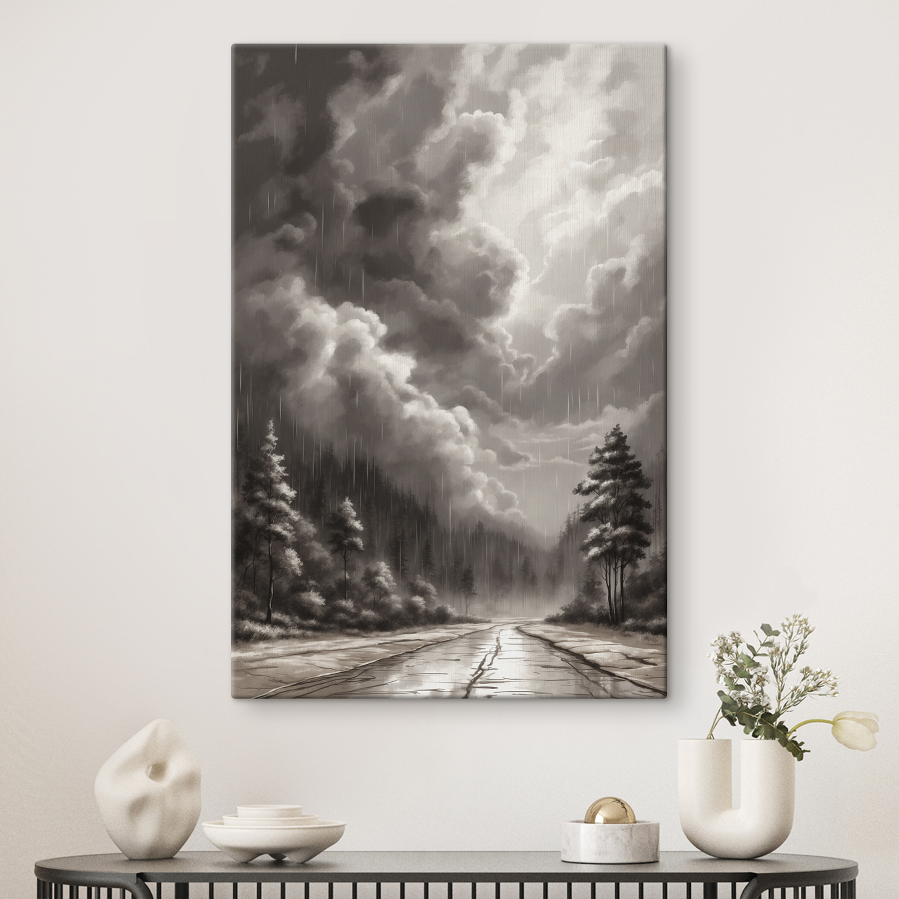 Black and white image of a forest and clouds Black and white image of a forest and clouds