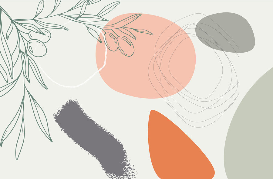 Diseño gráfico de una rama con aceitunas y círculos