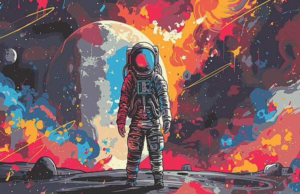 Astronauta en el espacio con un gran espacio rojo y naranja detrás de él Astronauta en el espacio con un gran espacio rojo y naranja detrás de él